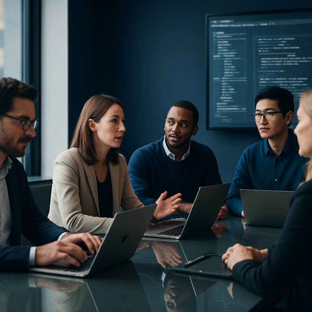 Nubeck consultants and engineers collaborating in a modern conference room