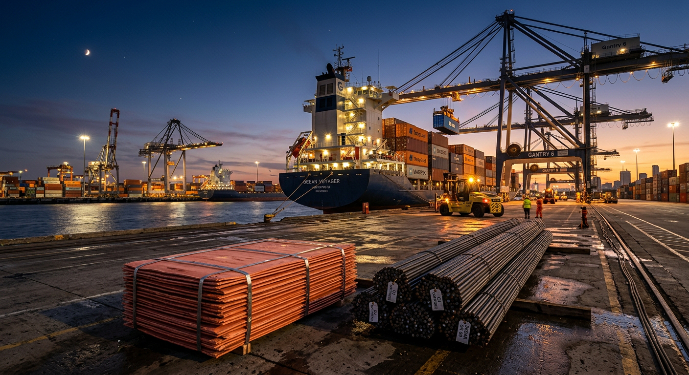 Copper cathodes and steel bars on a cargo port quay ready for shipment